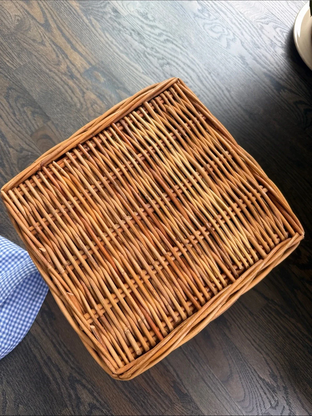 Pottery Barn Kids Woven Rattan Basket with Blue Gingham Liner